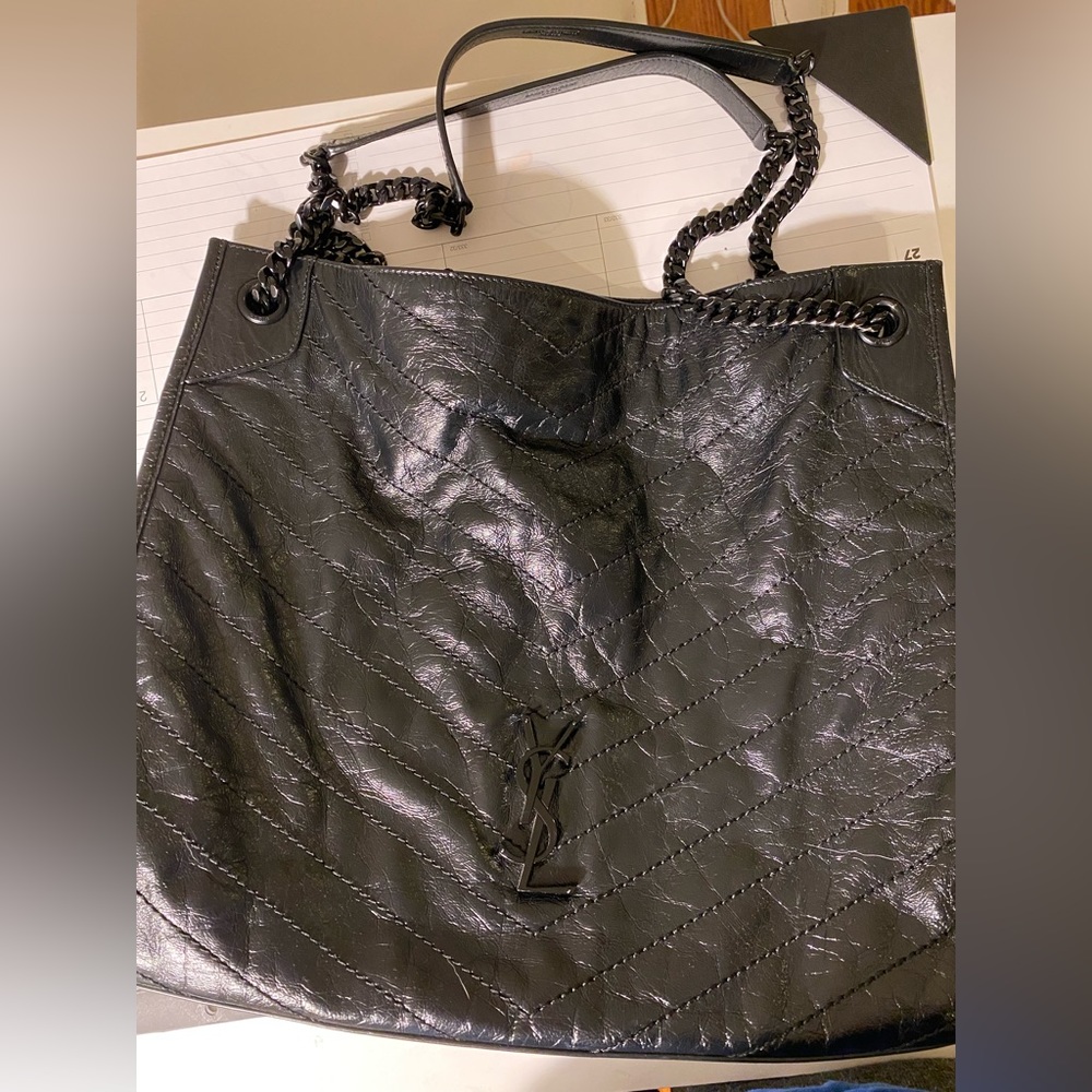 Saint Laurent Niki Large Crinkled Calf Shopper Tote Bag, Black Hardware